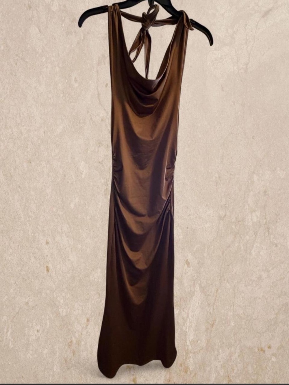 Backless Satin Halter Maxi Dress in Brown